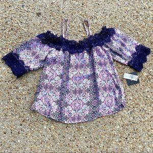 NWT Iz Byer Paisley Crochet Lace Off Shoulder Adjustable Straps Blouse Size S